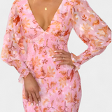 Carly Vestido Floral con Cintura Fruncida y Manga Larga
