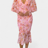 Carly Vestido Floral con Cintura Fruncida y Manga Larga