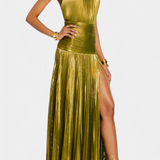 Emma Vestido Halter Metálico con Espalda Abierta y Abertura Alta