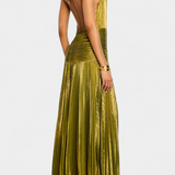 Emma Vestido Halter Metálico con Espalda Abierta y Abertura Alta