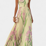 Calanthe Vestido Largo Floral Plisado con Escote Cuadrado