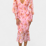 Carly Vestido Floral con Cintura Fruncida y Manga Larga