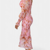 Carly Vestido Floral con Cintura Fruncida y Manga Larga