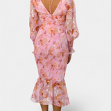 Carly Vestido Floral con Cintura Fruncida y Manga Larga