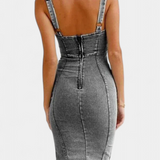 Janessa Vestido Denim con Tirantes Ajustables y Abertura Frontal