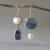 Celia - Pendientes vintage de perlas y piedra azul