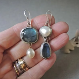 Celia - Pendientes vintage de perlas y piedra azul