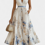 Elise Vestido Midi Sin Mangas con Estampado Floral y Plisado