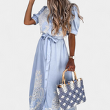 Nerea Vestido Camisero Bordado con Cinturón y Manga Abullonada
