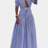 Ippolita Camisa de Cuello Alto a Rayas y Falda de Traje Plisada