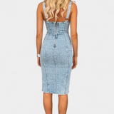 Janessa Vestido Denim con Tirantes Ajustables y Abertura Frontal